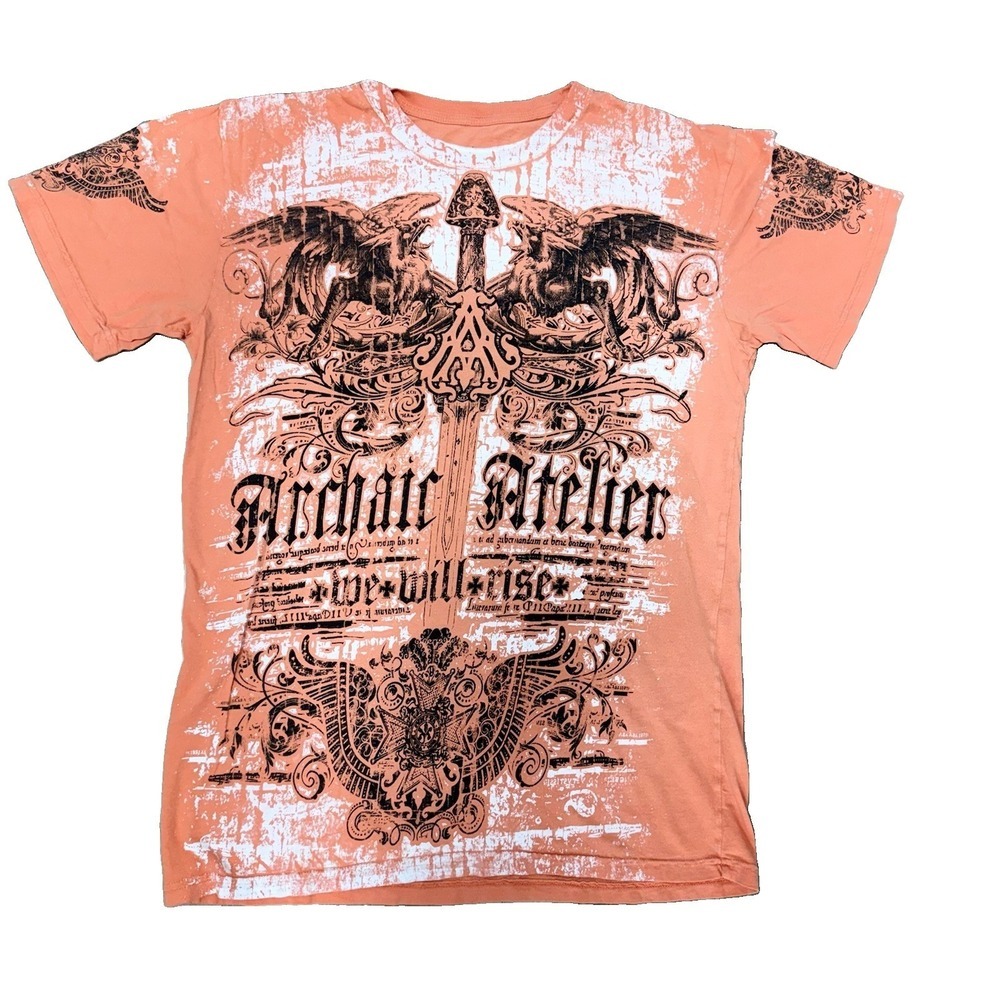 Archaic by Affliction Mens T-Shirt L Orange Parallel Wings Sword Cross Biker Y2K